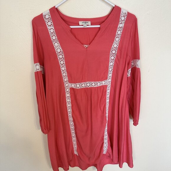 Umgee Womens Coral Tunic Top Small Crochet Peasant USA Shirt Blouse Boho Pink - Picture 10 of 10